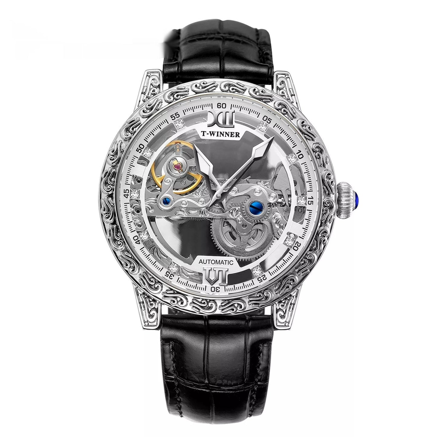 Mens Fashionable Vintage Carved Semi-Automatic Mechanical Watch