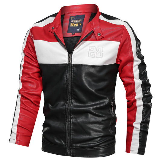 Chaqueta de cuero para motociclista con cuello alto para hombre