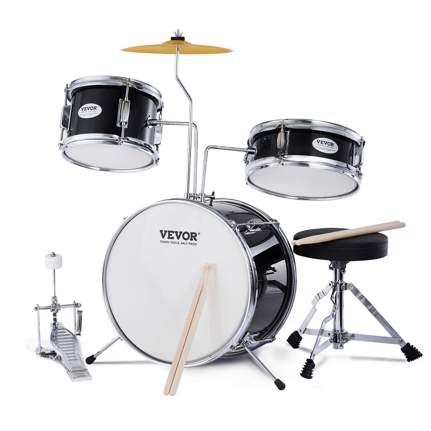 Schlagzeugset, 3-teilig, Drum-Set Mit Verstellbarem Thron-Becken-Pedal, Zwei Paar Drumsticks, Ca. 20 Cm Tom Drum, Ca. 25 Cm Snare Drum, Ca. 36 Cm Bass Drum, Schlagzeugset Für Kinder, Schwarz