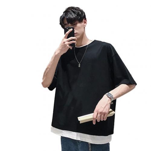 Guochao Summer Solid Color Fake Two-Piece Short-Sleeved T-Shirt Men'S Loose Half-Sleeved Round Neck Korean Style Trendy Student Compassionate