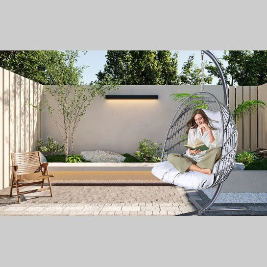 Swing Egg Chair With Stand Indoor And Outdoor Rattan Patio Basket Sling Chair With C-bracket, Patio Wicker Folding Sling Chair