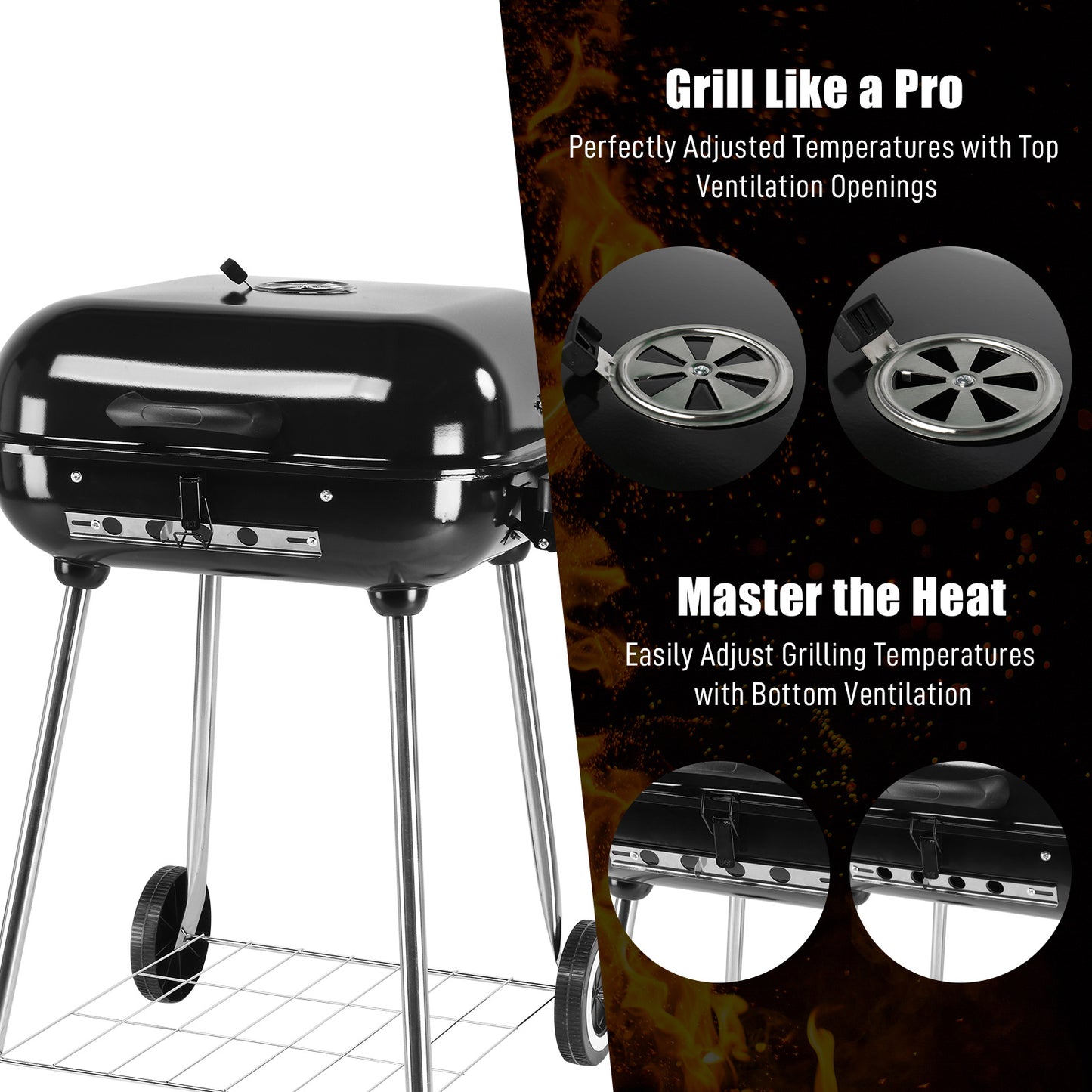 89.5x65x83cm Black, Foldable Side Panels, Square, Charcoal Grill