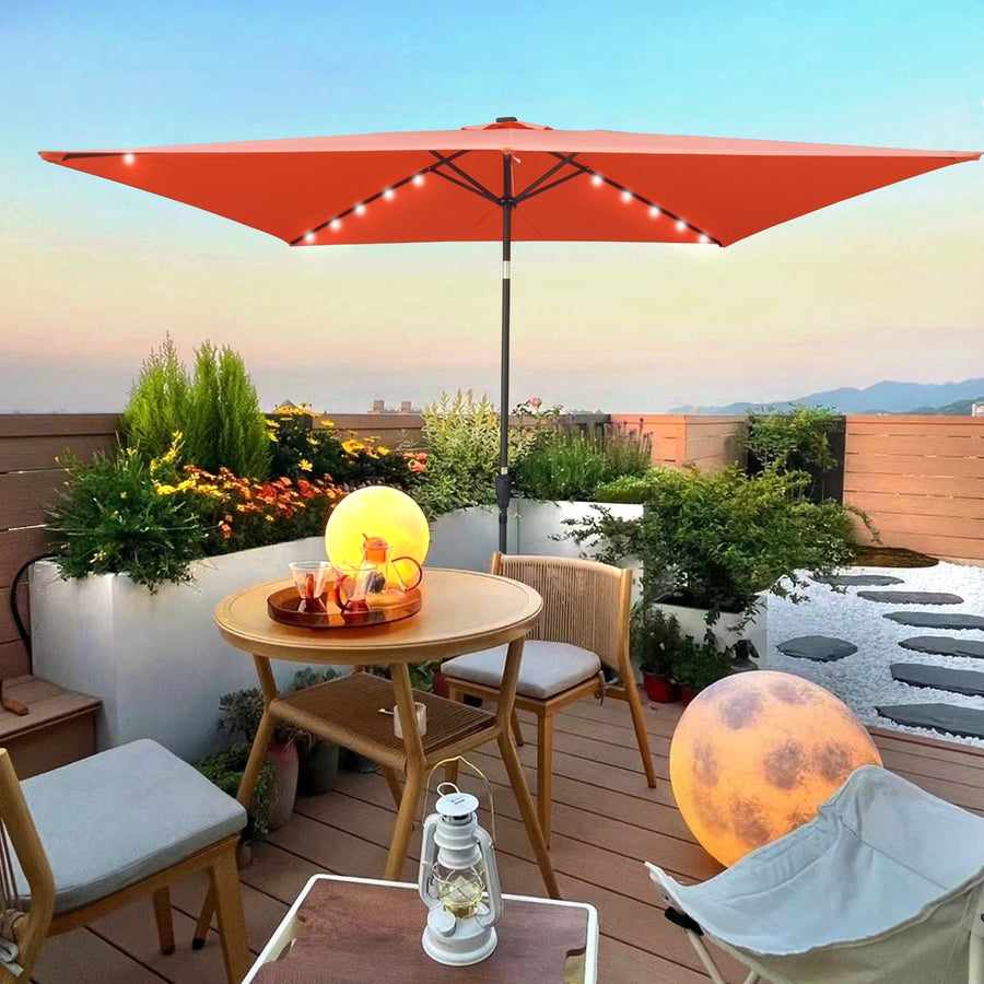 10x6.5ft Rectangular Patio Solar LED Umbrella With Crank And Push Button Tilt