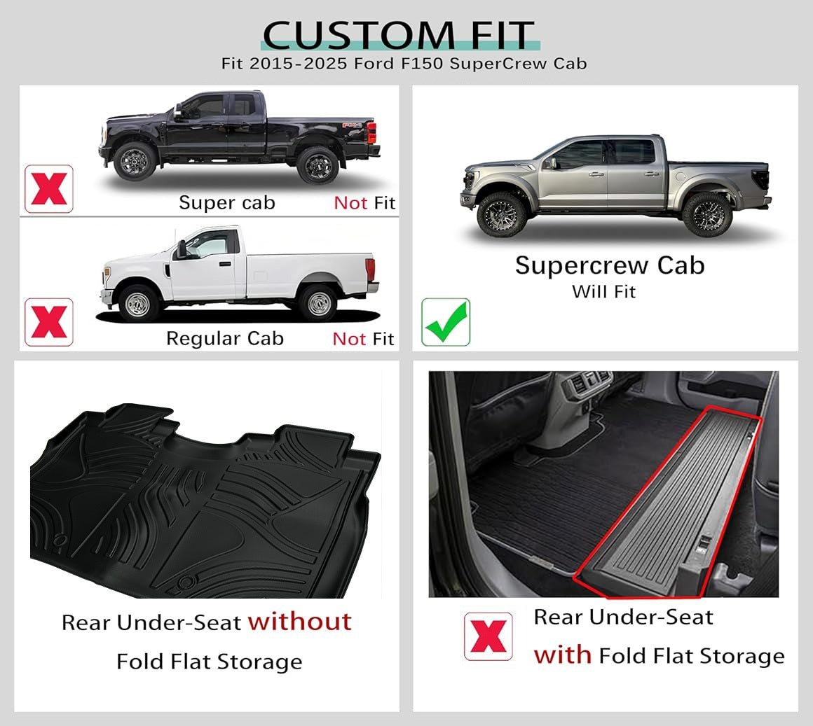 TPE All Weather Floor Mats Fit For Ford F150 2015-2025 Without Fold Flat Storage Waterproof Floor Liner For F150 Accessories 1st Floor Mats & 2-in-1 Rear Floor Mat - 3 PCS