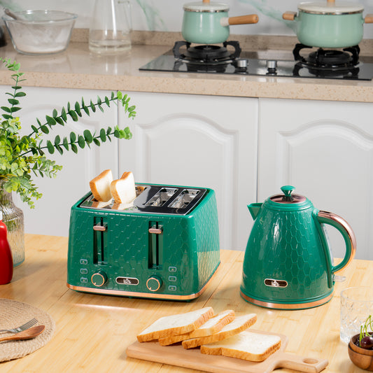 Kettle And Toaster Set, 1.7L 3000W Fast Boil Jug Kettle With Auto Shut Off, 4 Slice Toaster With 7 Level Browning Controls & Crumb Tray, UK Otter Thermostat, Green