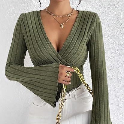 Women's Autumn And Winter Rib Sunken Stripe V-neck Flared Slim-fit Long Sleeve T-shirt Elegant Women's Top