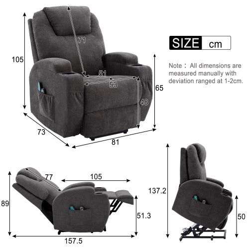 Power Lift Recliner Chair Massage Chair For Elderly, Electric Lift Chair With Heat And Massage, Fabric Recliner Sofa With 2 Cup Holders, Side Pockets & Remote Control For Living Room