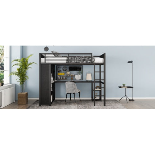 Twin XL Size Loft Bed Frame With Built-in Wardrobe, Metal Loft Bed With Desk And Storage Shelves, Black