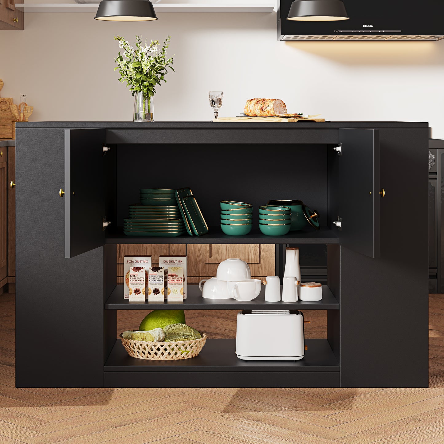 Modern Kitchen Island, Sideboard, Kitchen Cabinet With Drawers And Shelves, Sideboard For Kitchen & Dining Room, Black