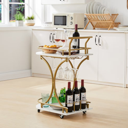 2-Tier Bar Cart,Gold Wine Cart With Wine Rack Glass Holder,Mobile Bar Serving Cart,for Party,Home,Rolling Drink Trolley For Living Room