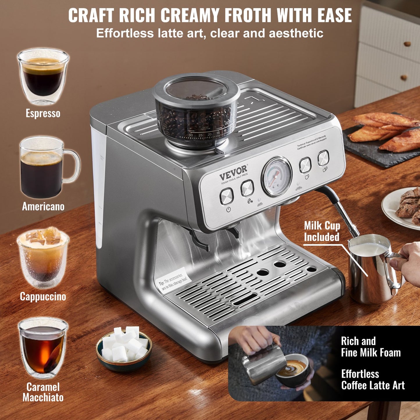 Espresso Machine With Grinder, 15 Bar Semi-Automatic Espresso Coffee Maker With Milk Frother Steam Wand, Removable Water Tank & Pressure Gauge For Cappuccino, Latte, Machiato, PID Control System