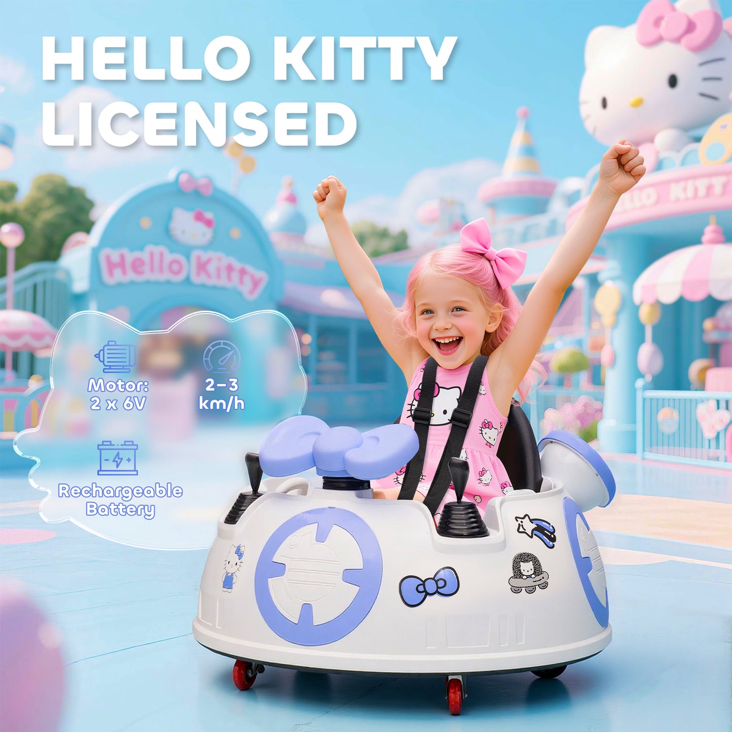 Hello Kitty Kids Ride On Bumper Car With Remote Control, Two Joysticks, Music, Lights, Safety Belt, White