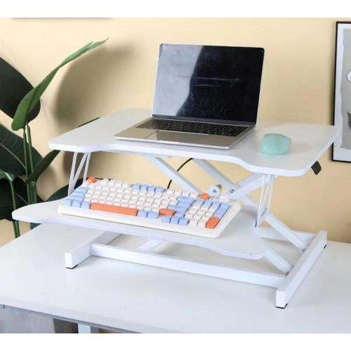 32 Inch Desk Converter, Height Adjustable Sit To Stand Riser, Dual Monitor And Laptop Workstation With Wide Keyboard Tray, White