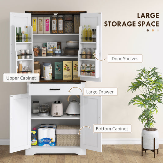 71" Tall Kitchen Cabinet, Farmhouse Pantry Cabinet W/ Barn Doors, 6 Shelves W/ 2 Doors, Drawer And Adjustable Shelves, White