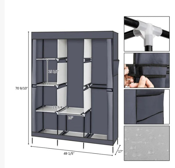 Portable Closet Wardrobe Clothes Rack Storage Organizer With Shelf Gray