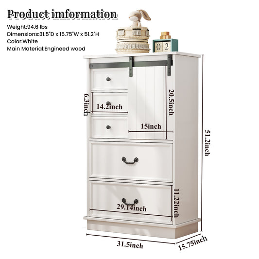 51'' Farmhouse Drawer Chest with Sliding Door, Multi-Storage Drawer Dresser with 5 Drawers and Storage Shelf, Tall Chest of Drawers with Adjustable Shelves for Bedroom, Living room