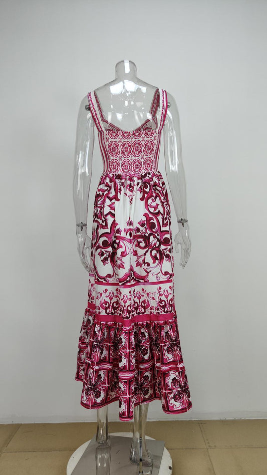 Printed Sleeveless Dress Fashion Temperament Spaghetti Waist-controlled Large Hem Dresses For Women