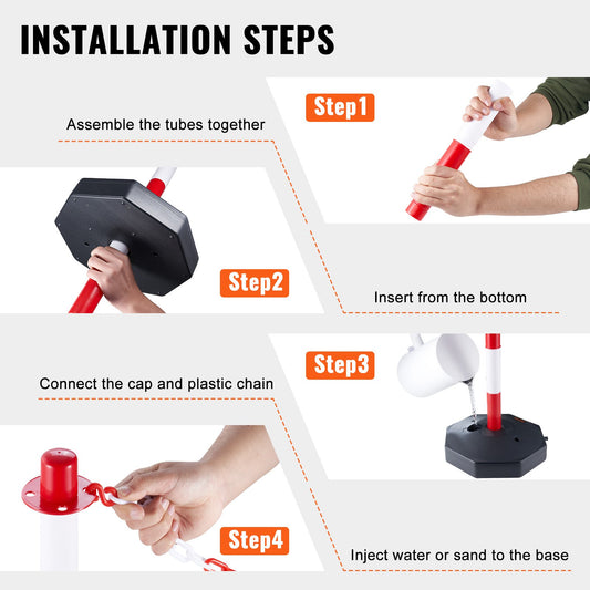 Adjustable Traffic Delineator Post Cones, 6 Pack, Traffic Safety Delineator Barrier With Fillable Base 2 M Chain, For Traffic Control Warning Parking Lot Construction Caution Roads, Red & White