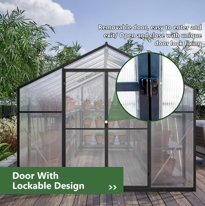 8' X 12' Outdoor Greenhouse, Heavy Duty Polycarbonate Greenhouse, Large Walk-in Greenhouse With Double Doors And Two Ventilation Windows, Aluminum Greenhouse For Outdoor Greenhouse Garden Backyard