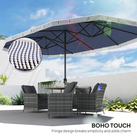 15ft Rectangle Patio Umbrella UPF30 Extra Large Outdoor Umbrella With Fringe And Crank Handle, Dark Blue