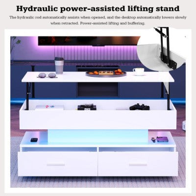 Hydraulic Lift Top Coffee Table, LED Coffee Tables With Storage For Living Room, Coffee Table With 2 Drawers & LED Light For Dining Reception Room, White