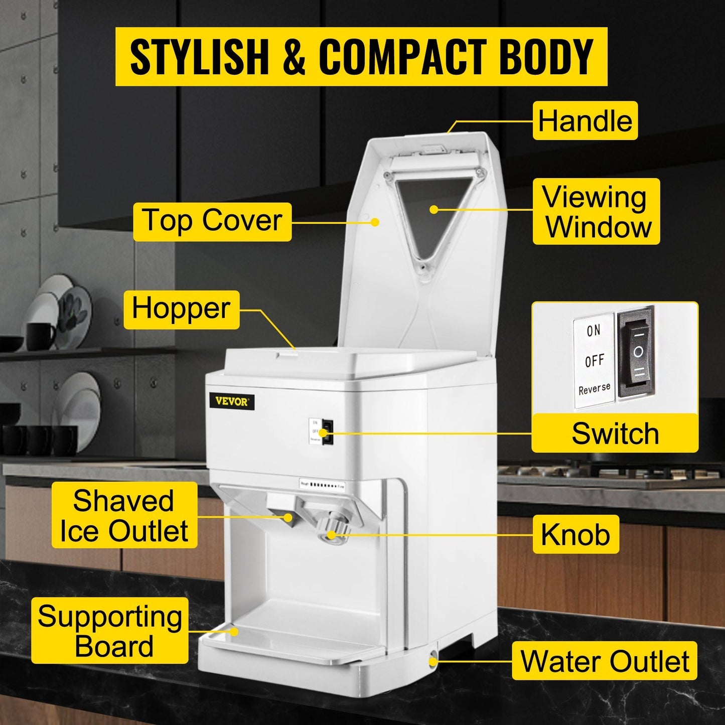 VEVOR Ice Shaver Machine Electric, Snow Cone Machine Commercial 265 LBS H, Shaved Ice Machine W Ice Hopper Lid, 250W Ice Crusher W Drain Pipe Tabletop Shaved Ice Maker W Adjustable Fineness White