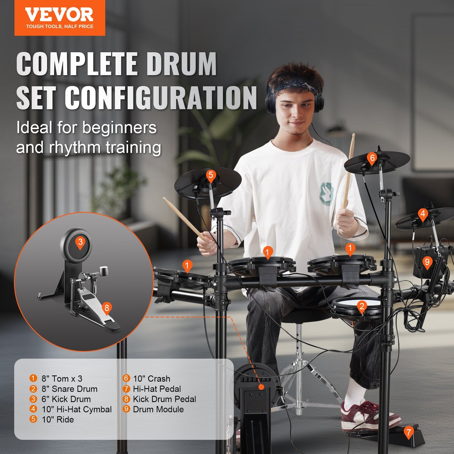 E-Drum-Set, 32 Drum-Kits & 480 Sounds Elektronisches Schlagzeug, USB MIDI-unterstütztes 20,32 Cm Leises Mesh-Snare-E-Drum-Set Mit 25,4 Cm Becken, Drum-Sticks & Kopfhörer, E-Drums