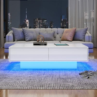 White High Gloss LED Coffee Table, Tea Table With 16 Colors LED Lights, Coffee Table With 2 Drawers Rectangular Table For Office, Store And Living Room