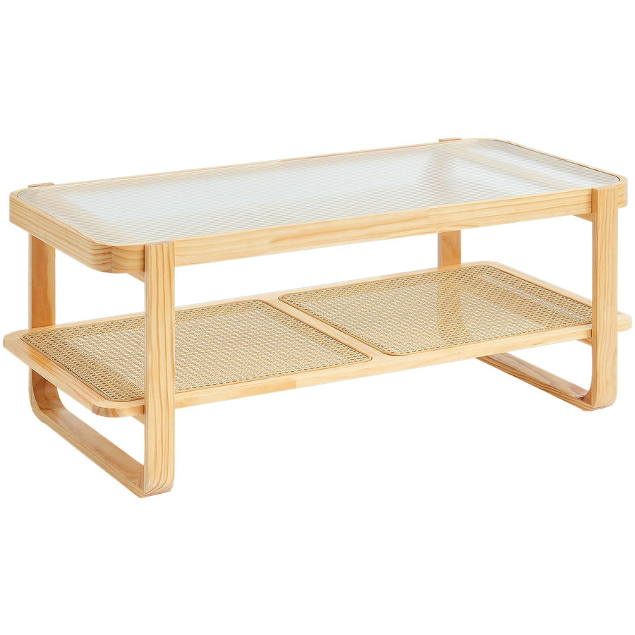 Rattan Coffee Table, Rectangle Rattan Woven Wood Coffee Table With Tempered Glass Top, 45-Inch Modern Boho Storage Coffee Table With Natural Wood Legs, For Living Room, Bedroom & Small Spaces