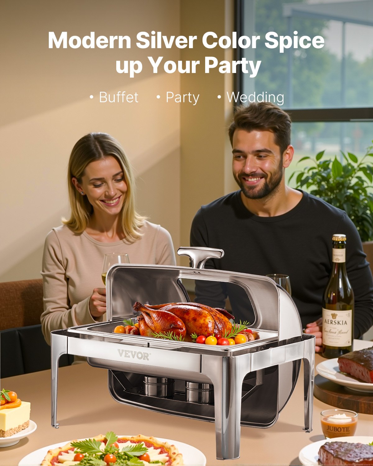 Chafing Dish Set Speisenwärmer Edelstahl Mit 2 Pfannen In Halber Größe (3,9 L), Rechteckiger Wärmespender Mit Sichtbarem Deckel & Wasserpfannenständer & Brennstoffhalter, Für Partys Silber