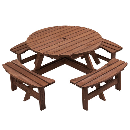 8 Person Wooden Picnic Table - Outdoor Camping Dining W 4 Built-in Benches