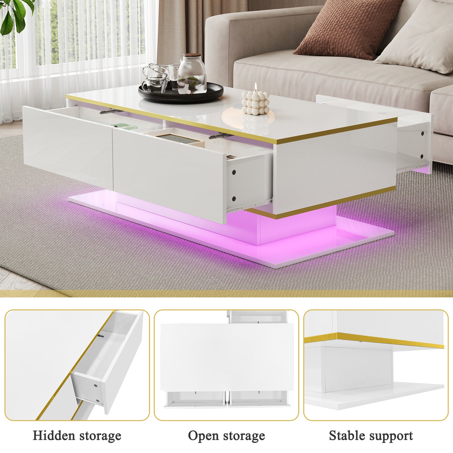 Modern LED Coffee Table With High-Gloss Finish, 100 Cm Length, Gold Accents, 3 Drawers & USB LED Light Strip Adapter-Power Bank Required