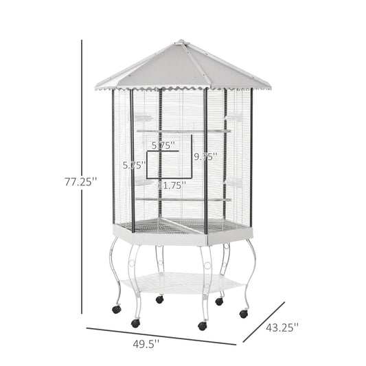 77" Flight Bird Cage Hexagon Covered Canopy Portable Aviary With Storage