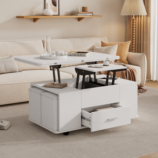 Lift Top Coffee Table With Wheels, Convertible Dining & Work Table With 4 Stools, Hidden Storage, Extendable Side Table, Space-saving End Table,Tea Table, White, 100x50x45cm Folded