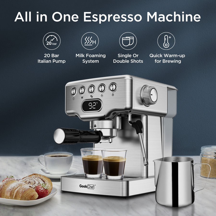 Cafetera espresso Geek Chef, cafetera espresso de 20 bares con espumador de leche para café con leche, capuchino y macchiato, para cafetera espresso casera, tanque de agua de 1,8 l, acero inoxidable, prohibida en Amazon