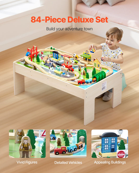 Train Table, 84 Multicolor Pieces Wooden Kids Activity Table With Collapsible Storage Bin, 3-in-1 Wooden Train Set For Gaming, Drawing, Reading, Eating, Creative Toy Set For Kids Ages 3+