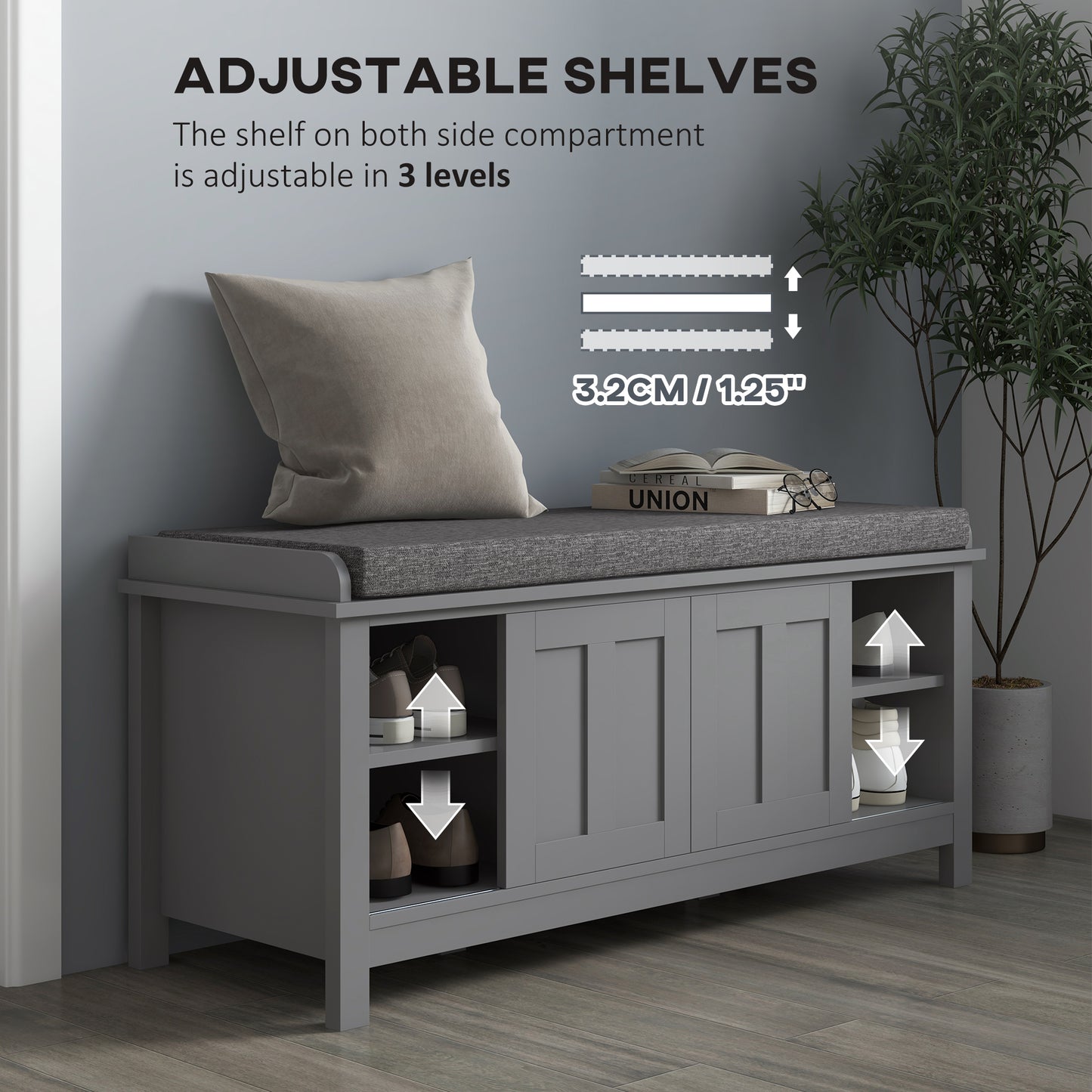 Modern Shoe Storage Bench, Entry Way Bench with Cushion, 2 Sliding Doors, Storage Ottoman Bench, Holds 10 Pairs, Gray