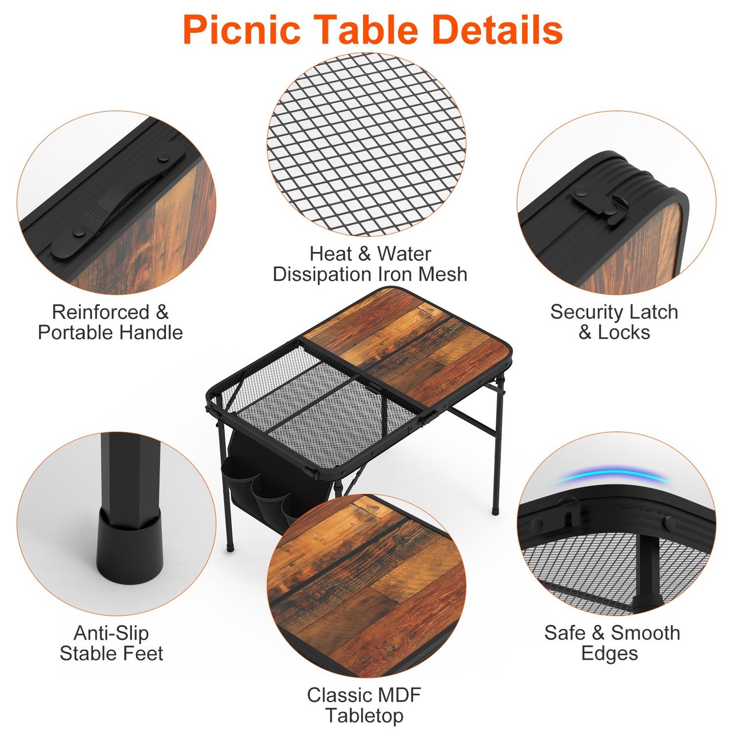 35.43x23.62x26in Foldable Camping Table Collapsible Picnic Aluminum Alloy Grill Stand 66LBS Max Load Height Adjustable BBQ Table With Adjustable Height Storage Net
