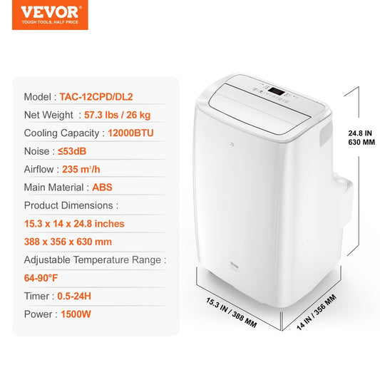 VEVOR Portable Air Conditioner 12k BTU 3 In 1 AC Cool Dehumidifier Fan