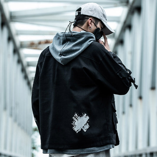 Graffiti printed ribbon stand-up overalls