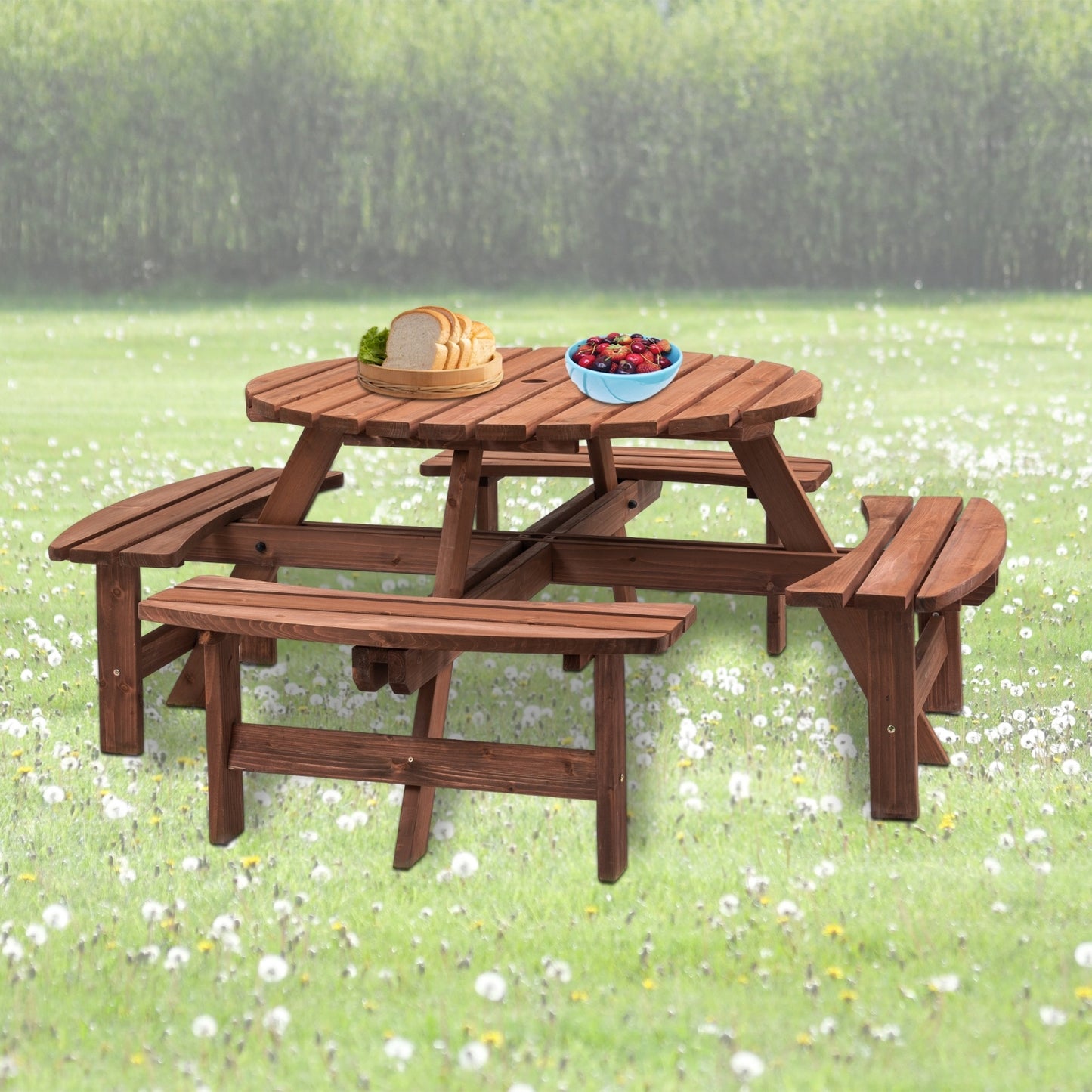 8 Person Wooden Picnic Table - Outdoor Camping Dining W 4 Built-in Benches