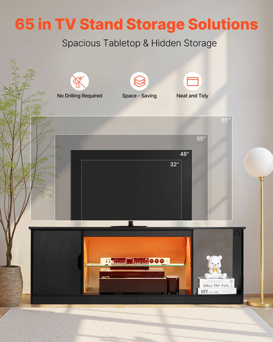 TV-Ständer Für Fernseher Bis Zu 65 Zoll, TV Tisch Mit Lichtleiste, TV-Schrank Aus Holz Mit Glasablage & Verstellbaren Regalen, Konsolentisch Fernsehschrank Für Wohnzimmer Schlafzimmer, Schwarz