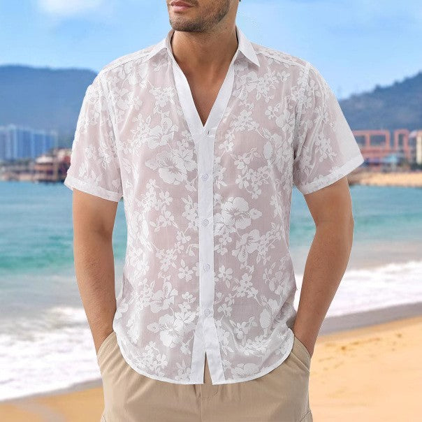 Hawaiian Jacquard Shirt Transparent Cutout Short Sleeve Thin Holiday Beach Shirt