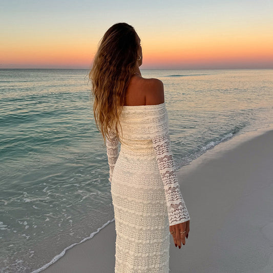 Amazon New Fashionable Elegant Socialite Style Off-shoulder Lace Dress Women