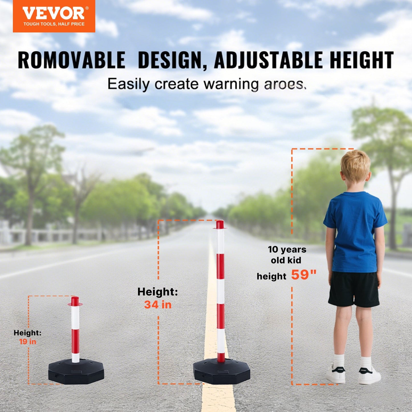 Adjustable Traffic Delineator Post Cones, 6 Pack, Traffic Safety Delineator Barrier With Fillable Base 2 M Chain, For Traffic Control Warning Parking Lot Construction Caution Roads, Red & White