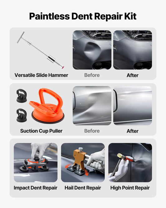 Dellenzieher Set (100 Stk.) Zur Lackfreien Dellenentfernung Mit Goldenem Heber, Brückenzieher, Gleithammer, T-Stange, Klebepistole, Beulen Reparaturset Dellen Reparaturset Ausbeulreparatur