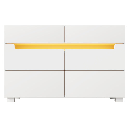 Sideboard Cabinet Dresser With 6 Drawers,Storage With RGB LED App Control, Sideboard With Cut-out Handles, 6-drawers Chest Of Drawers, 71 X 120 X 40 Cm, White