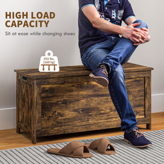 39.4" Storage Trunk w/ 2 Safety Hinges, Wooden Storage Bench w/ Side Handles, Storage Chest for Playroom, Rustic Brown