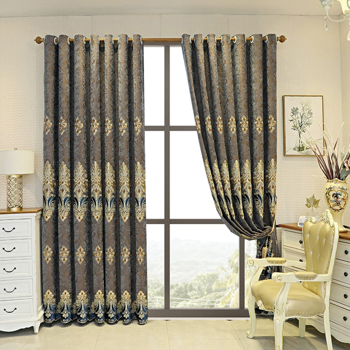 Luxury Velvet Embroidered Curtains, 1 Pair, Vintage Style, Blackout, UV Protection, Thick, Suitable For Bedroom And Living