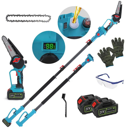 2-IN-1 Cordless Pole Saw And Mini Chainsaw With Extension Pole 21V Battery 6' Electric Brushless Pole Chainsaw With Digital Display Auto Oiler Safety Switch For Tree Trimming